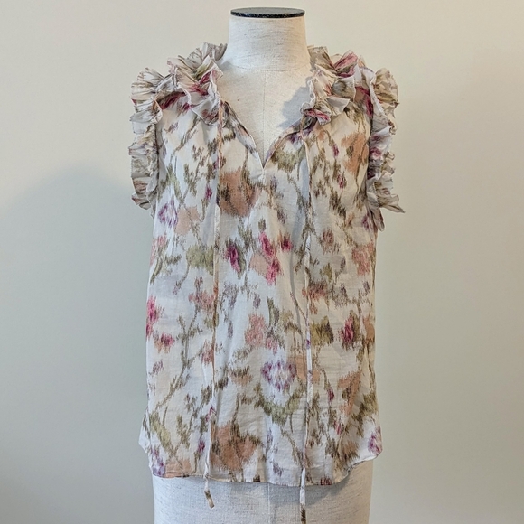 Rebecca Taylor Picot Floral Print Ruffle Blouse Sleeveless V-Neck Multi M EUC - Picture 1 of 12